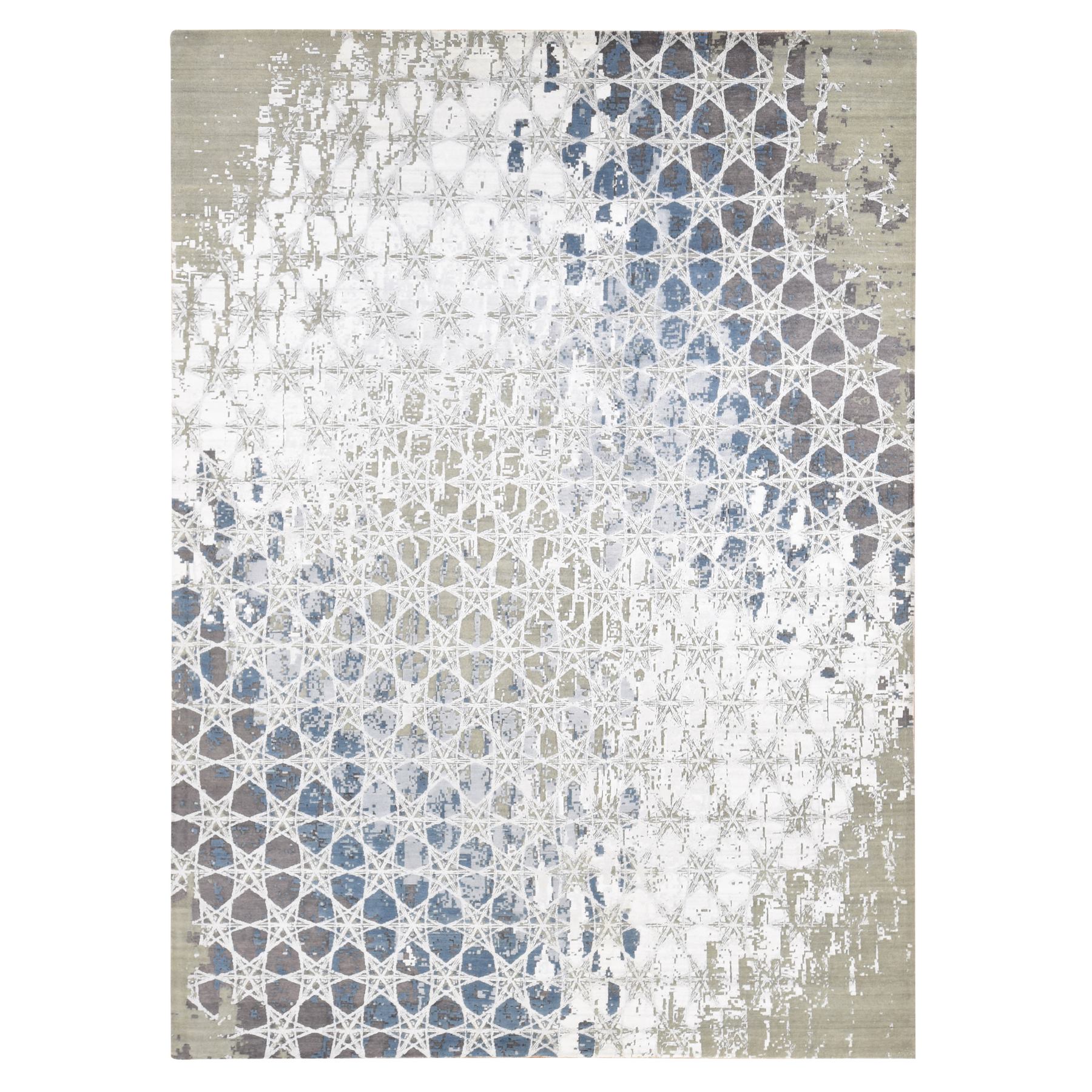 Gray and Blue, THE HONEYCOMB Award Winning Design, Hand Knotted Wool and Silk, Oriental Rug Gray and Blue, THE HONEYCOMB Award Winning Design, Hand Knotted Wool and Silk, Oriental Rug